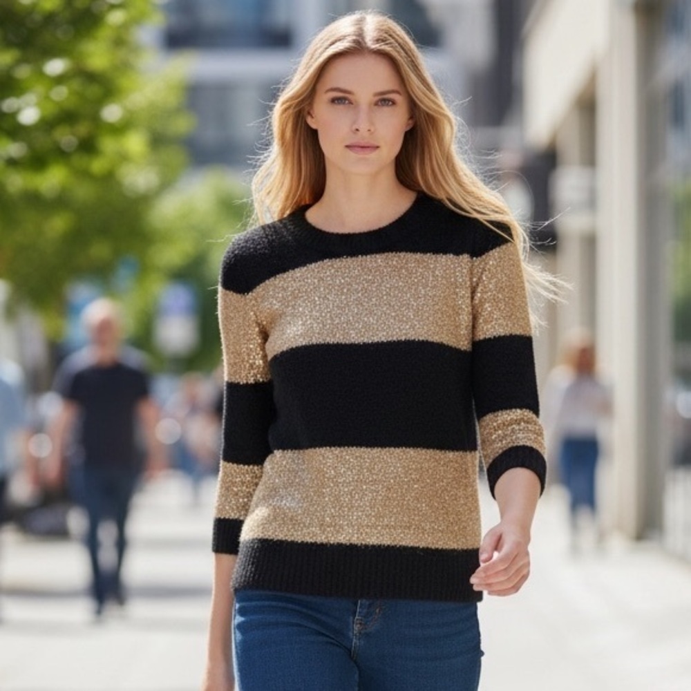 J. Crew Black and Gold Sequin Crewneck Striped Sweater size XS